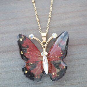 Butterfly Red/Black Pendant Necklace with Rhinestones 18k Gold Plated